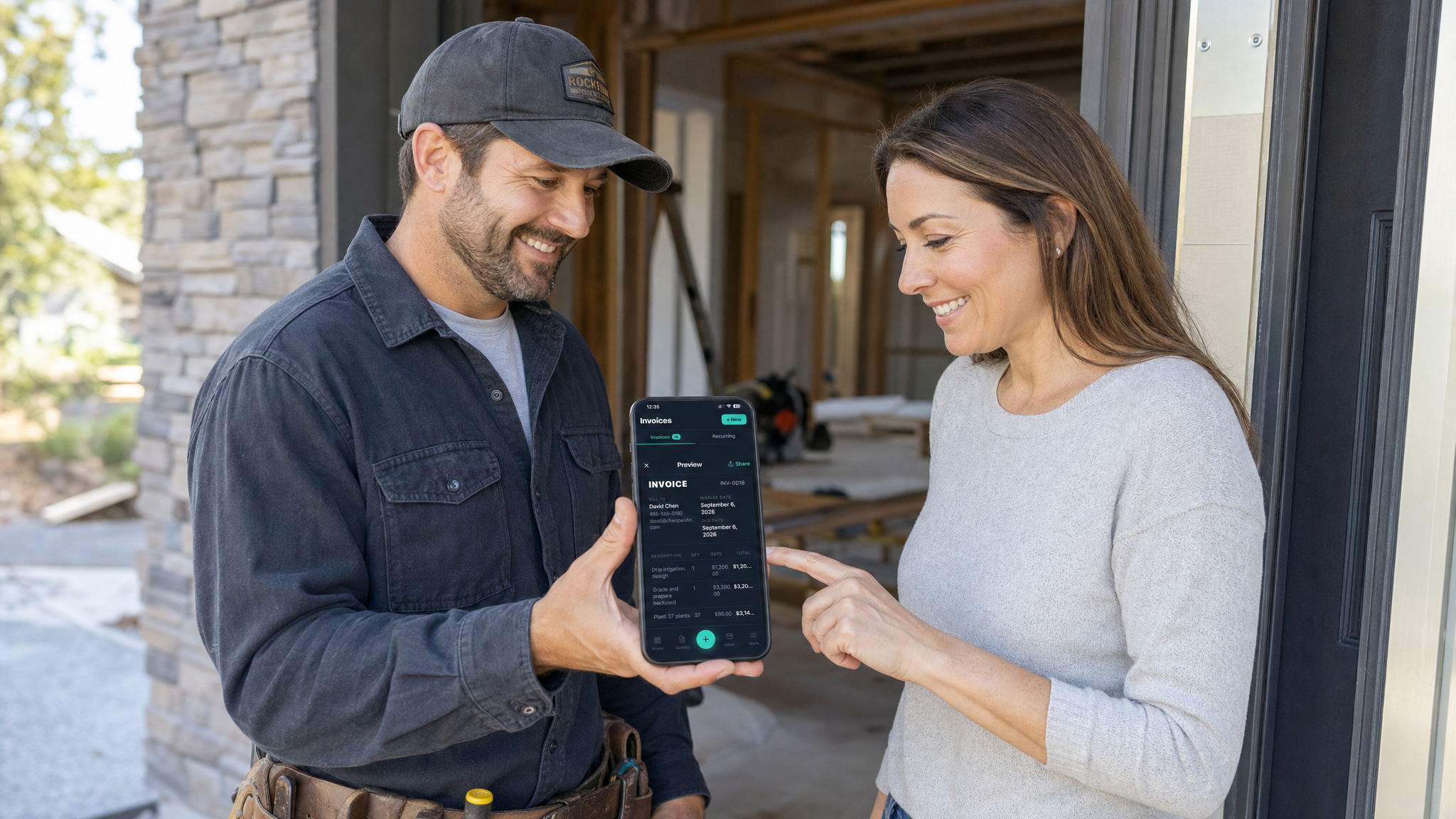 Contractor showing invoice to homeowner