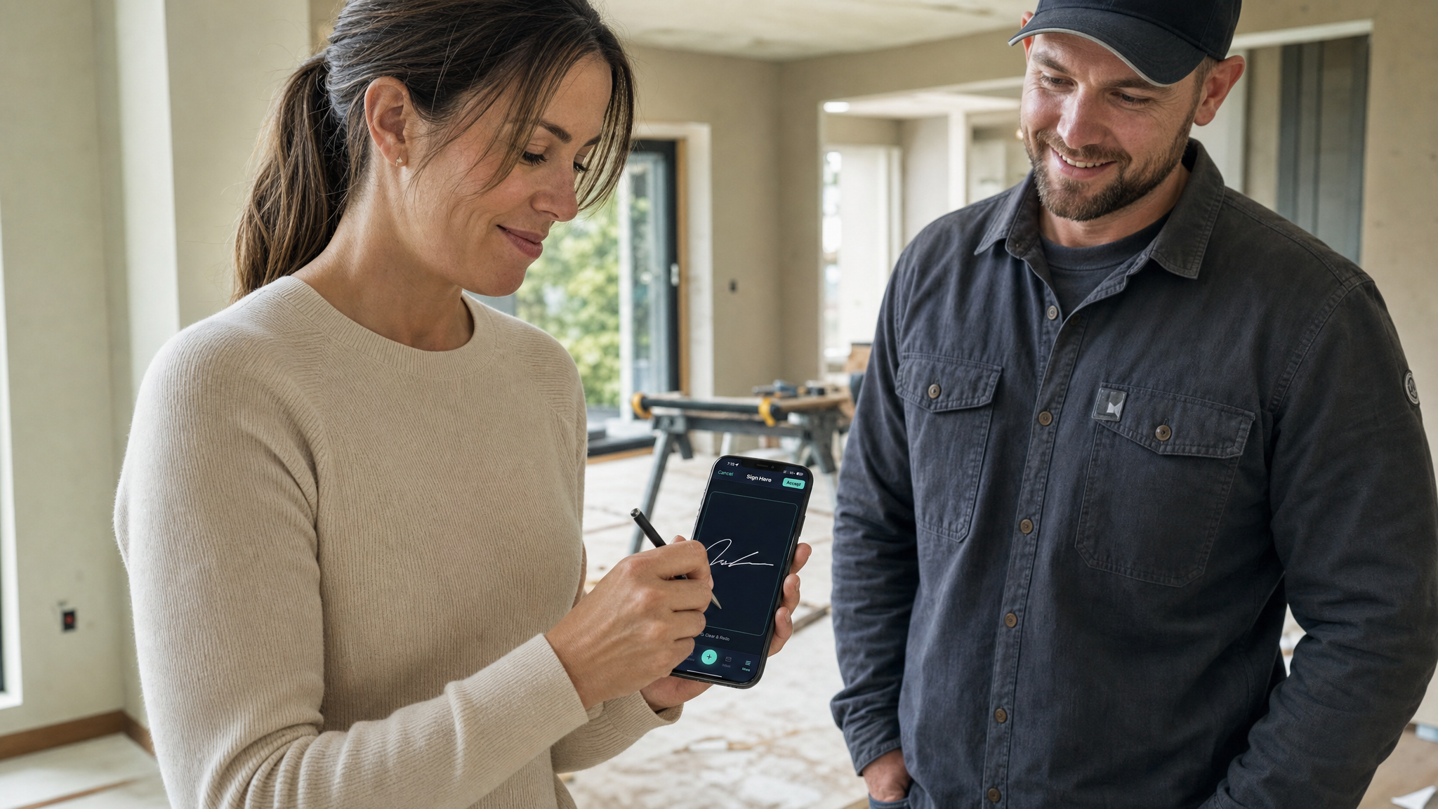 Homeowner signing contract on phone